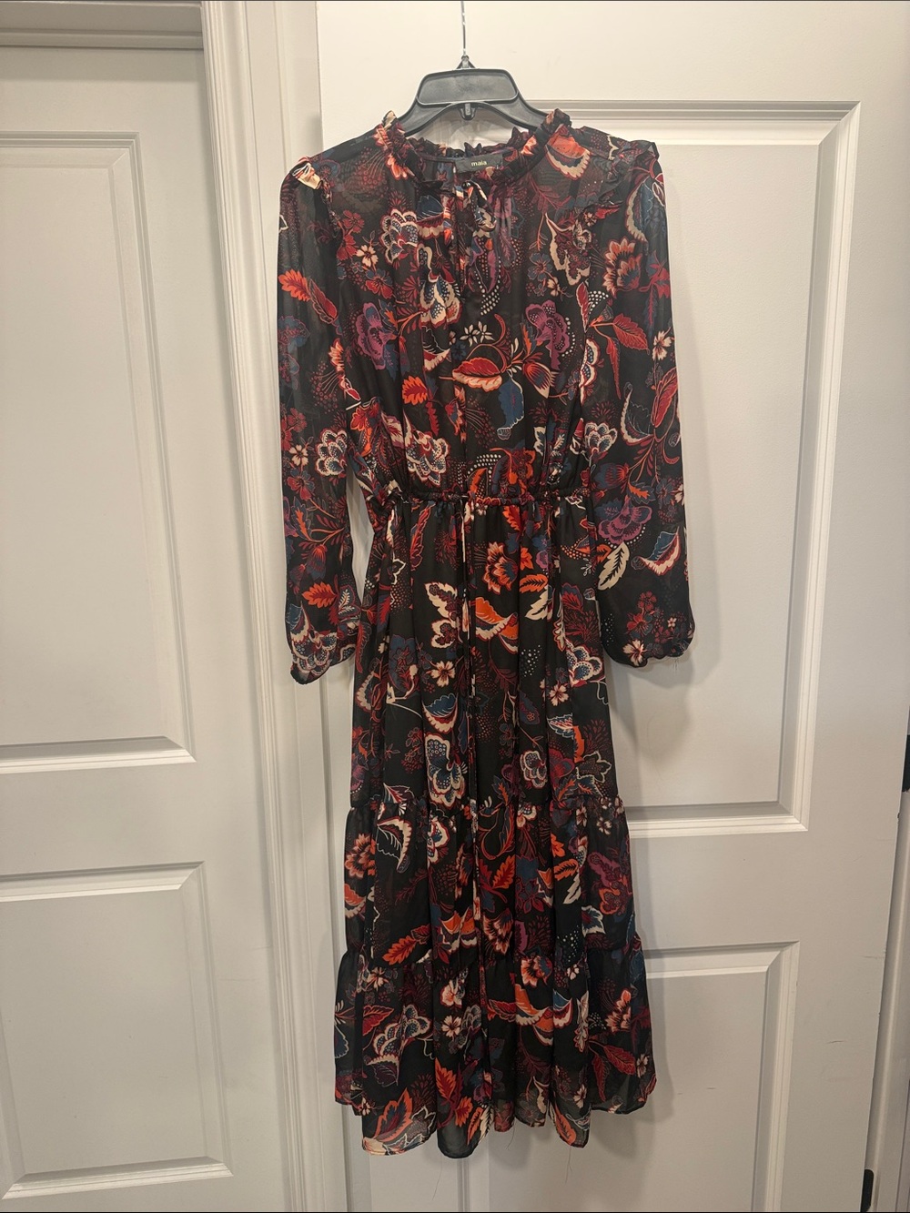 Black Floral Long Sleeve Midi Dress with Tie Neck